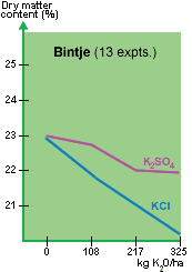 Graph demonstrating the effect of K supply on tuber dry matter for Bintje