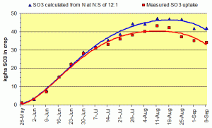 Actual and calculated total SO3 uptake by potatoes