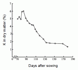 Percentage K in dry matter during growth of spring barley given N and FYM on non-K-deficient soil (J.Ag.Sci.Camb. 101, 675-685).