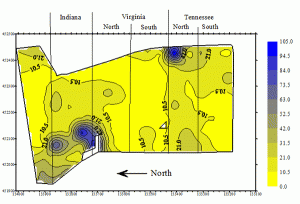 Pattern of variability of soil P (mg/L) in a ~30 ha block of grassland showing accumulations in camping areas and around feeders. The pattern of variability of K was similar.