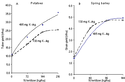 Figure 2. Response of potatoes and spring barley to applied N fertiliser at two levels of exchangeable soil K, Barnfield, Rothamsted.