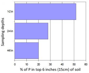 Fig 1: Illustration of the percentage of extractable P found at different depths of a soil which had received only surface cultivations for 10 years. 