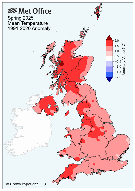 Met Office: Spring 2025: Mean Temperature 1991-2020 Anomaly