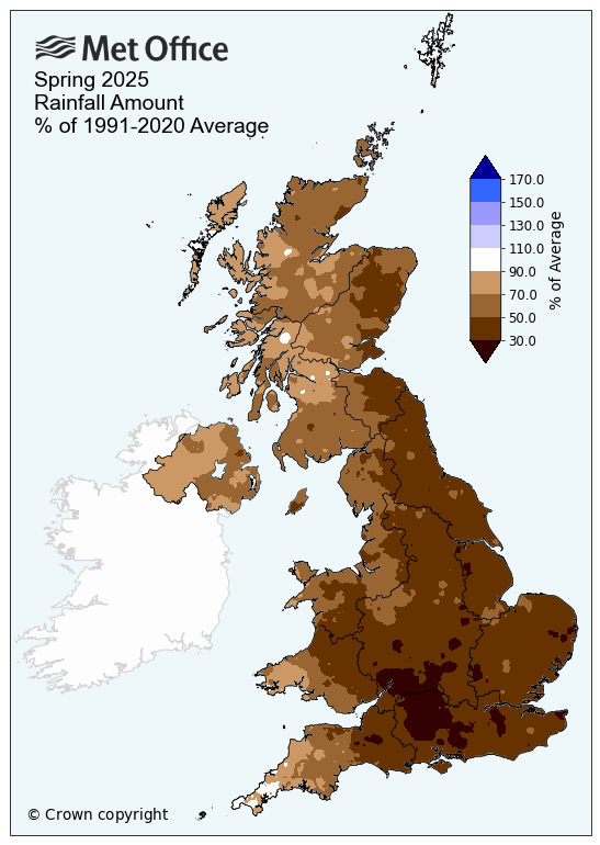 Met Office: Spring 2025: Rainfall Amount % of 1991-2020 Average