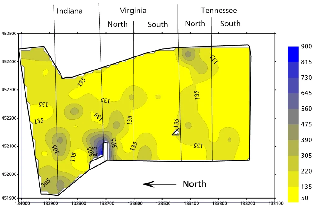 Figure 4. Field map of extractable potassium (mg/l) derived by Kriging